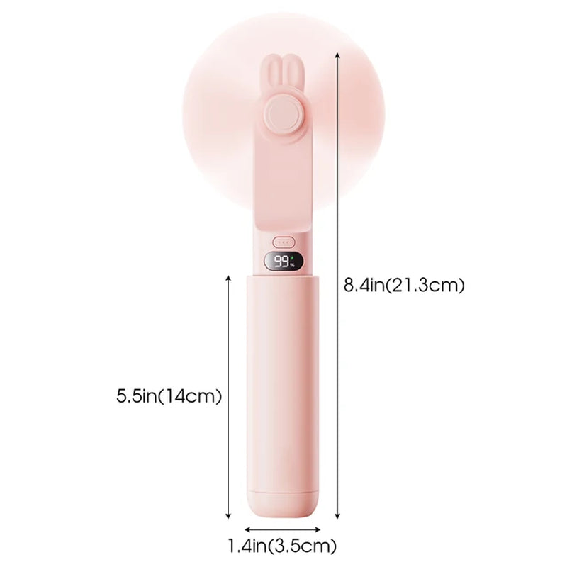 Portable Mini Handheld Fan: Cute design, LED display, USB rechargeable 2000mAh battery, pocket-sized with power bank feature.